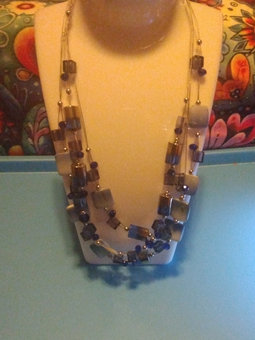 Handmade Multi-Strand Blue and Gray Glass Bead Necklace